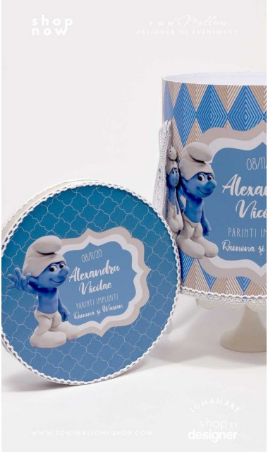 Trusou botez cu strumfii si broderie personalizata in nuante de crem si albastru Bebe Strumf 1